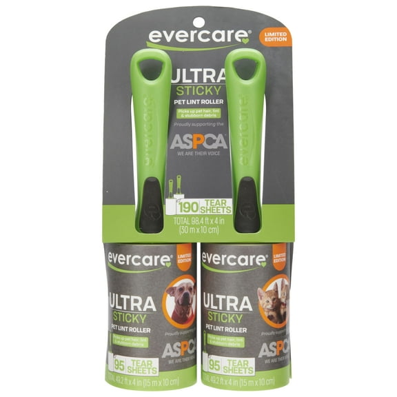 Evercare Pet Hair & Fur Lint Roller Twin Pack 95 Sheets per Roll, 190 Total Sheets, Refillable, Ultra Sticky, 2-Pack