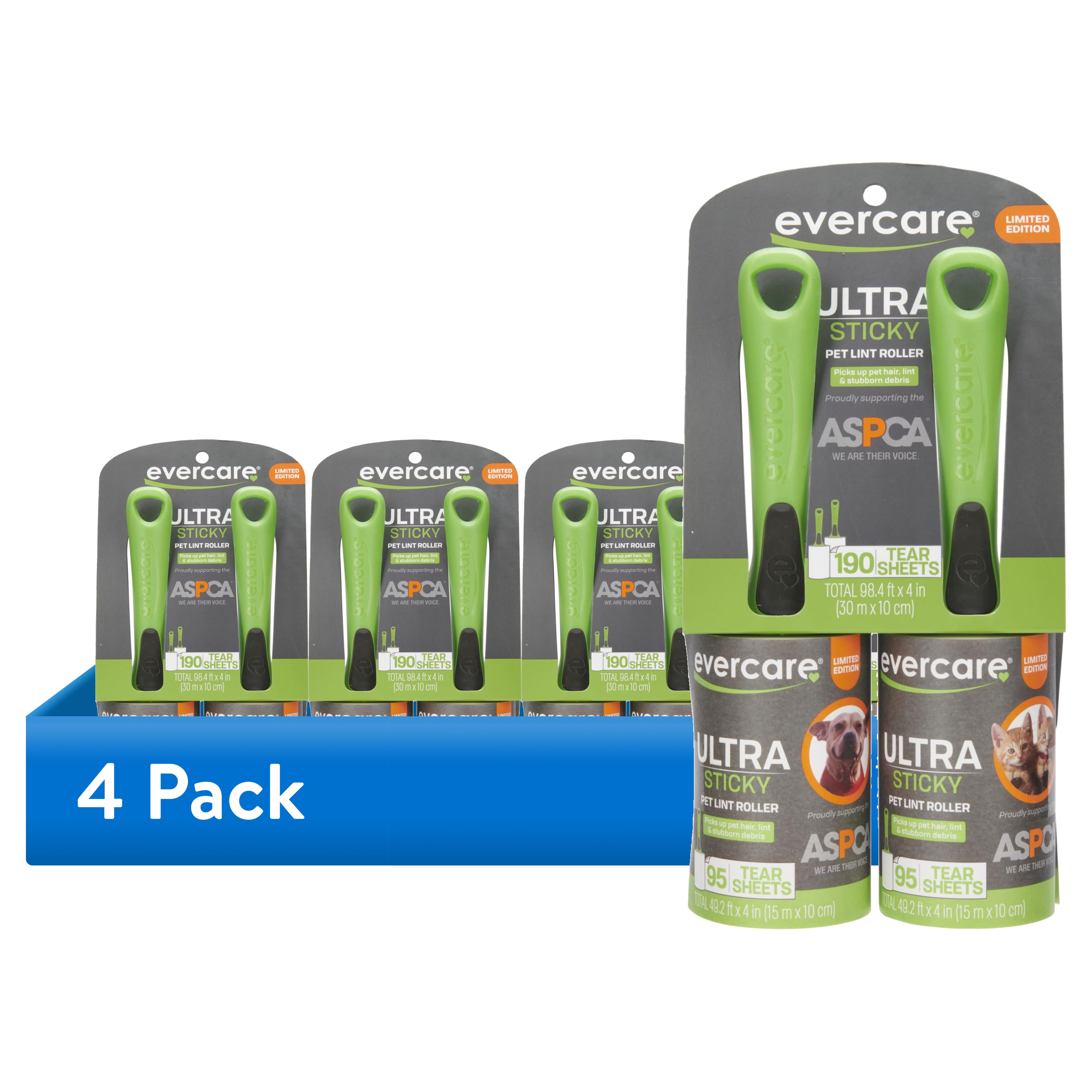 (4 pack) Evercare Pet Hair & Fur Lint Roller Twin Pack – 95 Sheets per Roll, 190 Total Sheets, Refillable, Ultra Sticky, 2-Pack