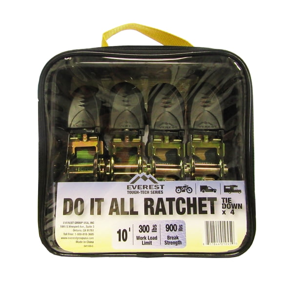 Everest 1 in x 10 ft Ratchet Tie Down Straps with Coated S-Hooks, Camo, Reusable storage pouch, 300 lbs WLL, 4 pack
