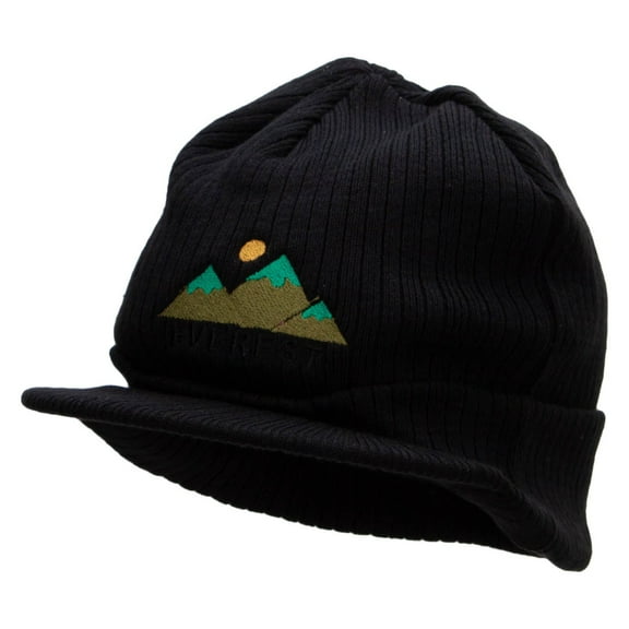 Everest Mountain Big Knit Ribbed Beanie with Visor - Black XL-3XL