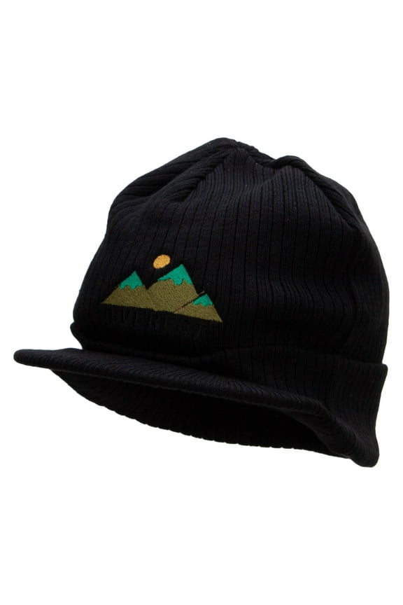 Everest Mountain Big Knit Ribbed Beanie with Visor - Black XL-3XL