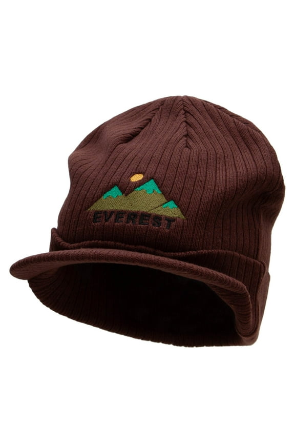 Everest Mountain Big Knit Ribbed Beanie with Visor - Brown XL-3XL