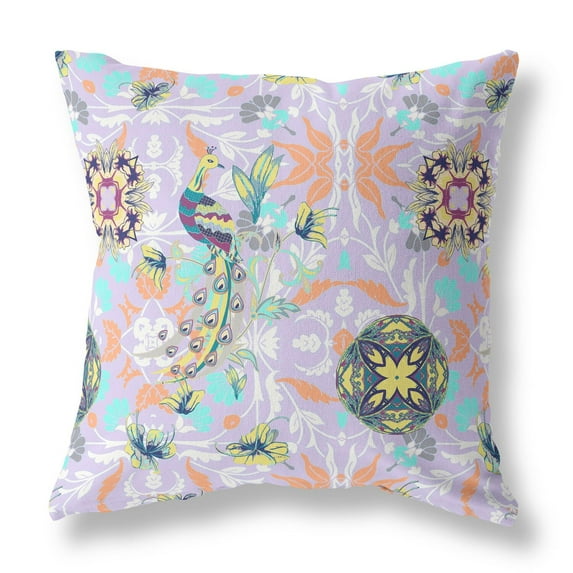 Everest Peacock Indoor/Outdoor Pillow in Purple Yellow 20x20