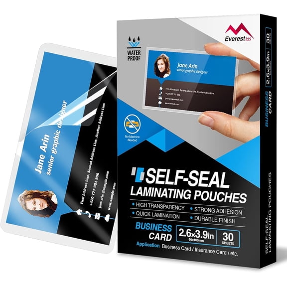 Everest Self Seal Laminating Pouches, Sealing for Small Cards Size, Waterproof, 10 Mil Thick, Gloss Finish, No Machine Needed (2.6x3.9, 30, Pack)