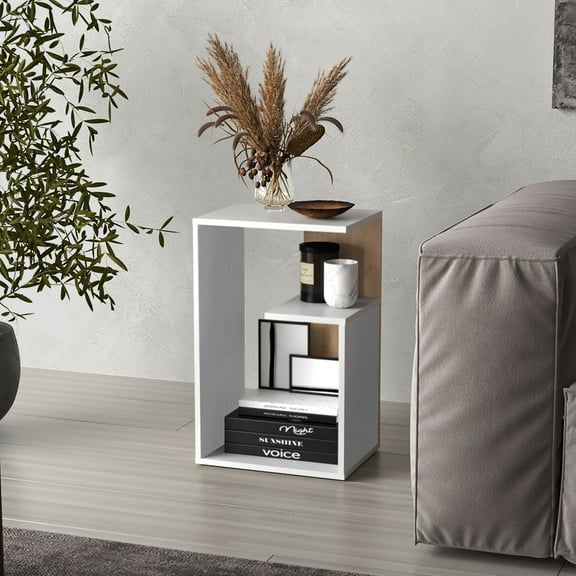 Everet 25" High 3-Tier Side Table: Modern Black, White & Natural Oak MDF Accent Furniture for Living Room, Bedroom - Freestanding Rectangular End Nightstand with Open Storage