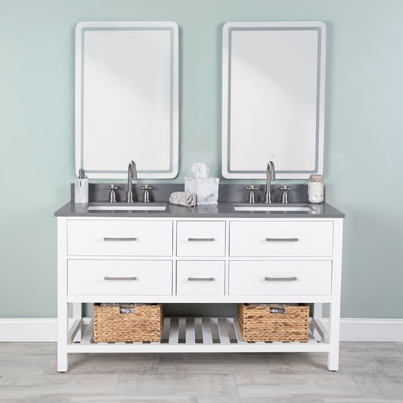 Everett 60 Inch Birch & Oak Console Vanity with Rectangular Undermount Sinks - White