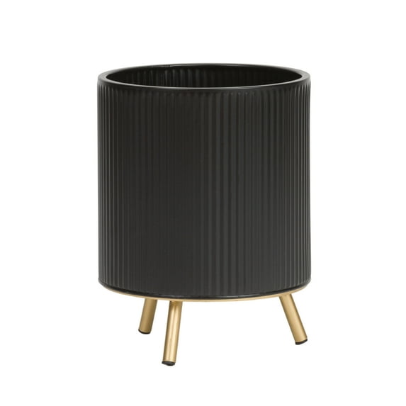 Everett Black Mid-Century Modern Indoor Metal Pot Planter with 3-Leg Metal Base - 10.5" H x 8" W
