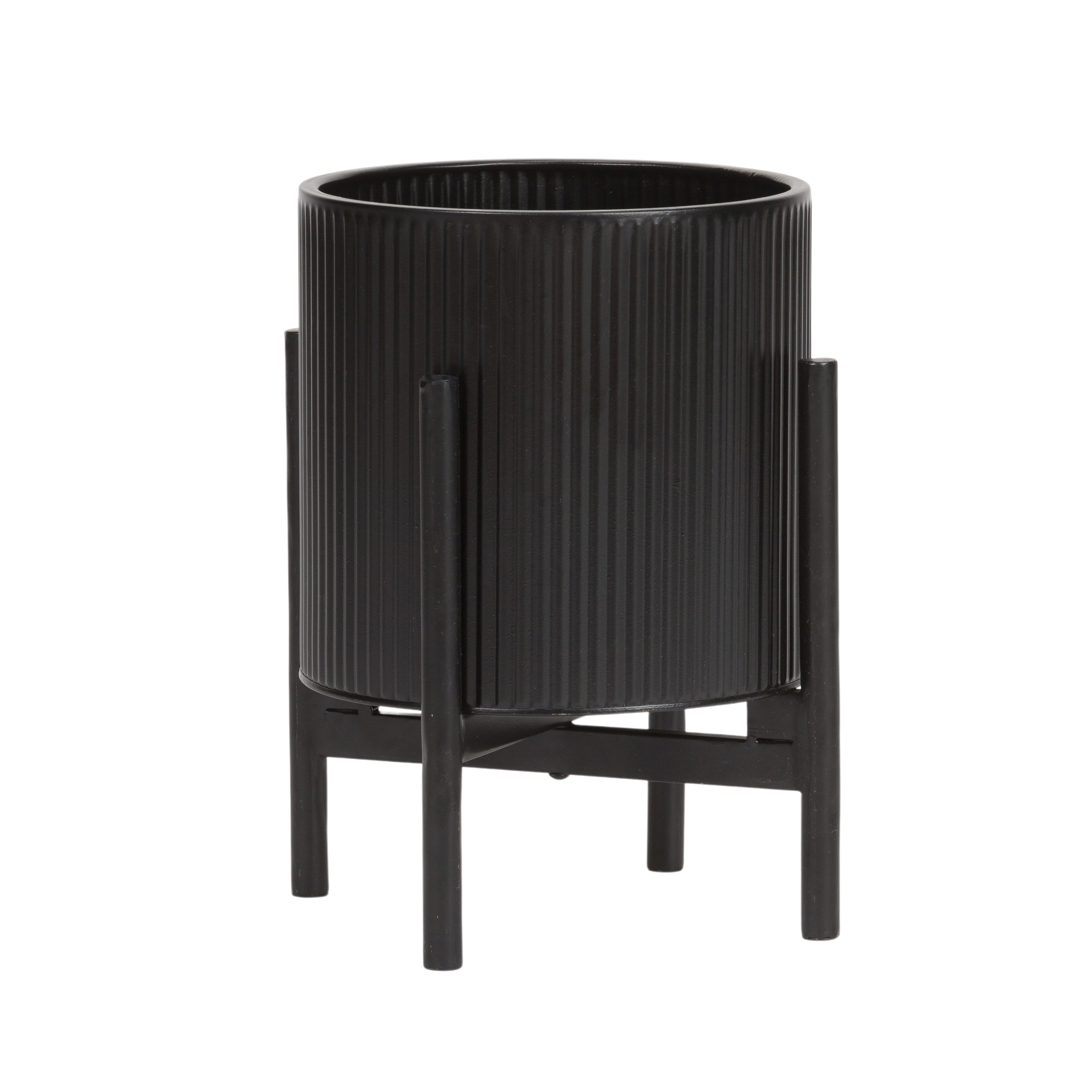 Aspire Home Accents 12” x 9.5” x 17” Black Metal Mid-Century Planter with 4-Leg Metal Base