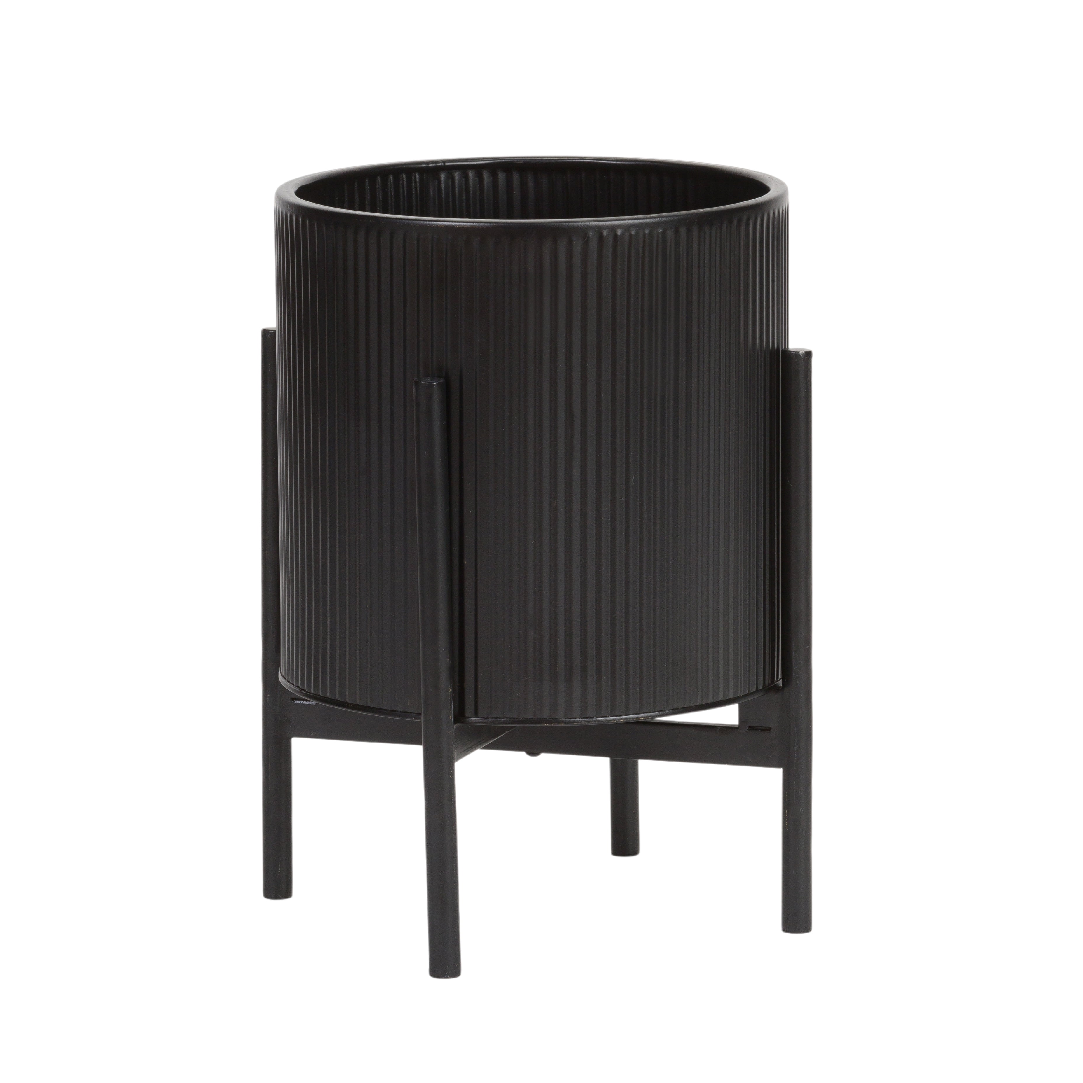 Everett Black Mid-Century Modern Indoor Metal Pot Planter with 4-Leg Metal Base - 14.75" H x 11.75" W