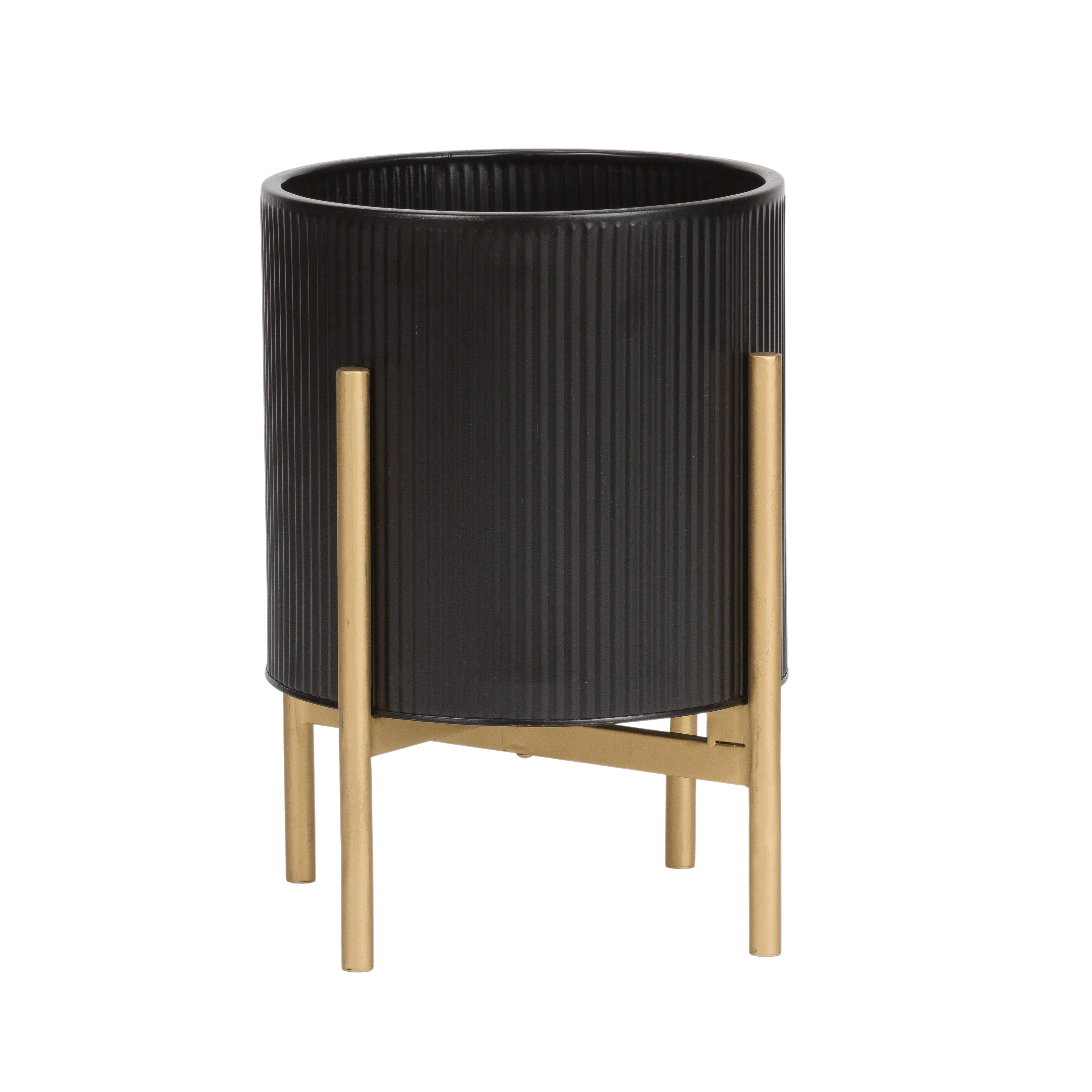 Everett Black Mid-Century Modern Indoor Metal Pot Planter with 4-Leg Metal Base - 14.75" H x 11.75" W