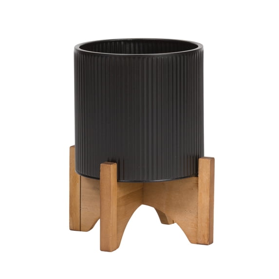 Everett Black Mid-Century Modern Indoor Metal Pot Planter with Arch Wood Base - 12.25" H x 9.75" W