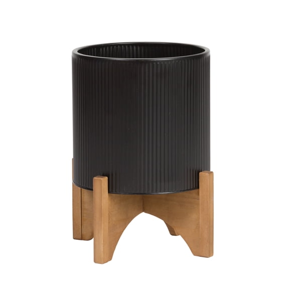 Everett Black Mid-Century Modern Indoor Metal Pot Planter with Arch Wood Base - 14.75" H x 12" W