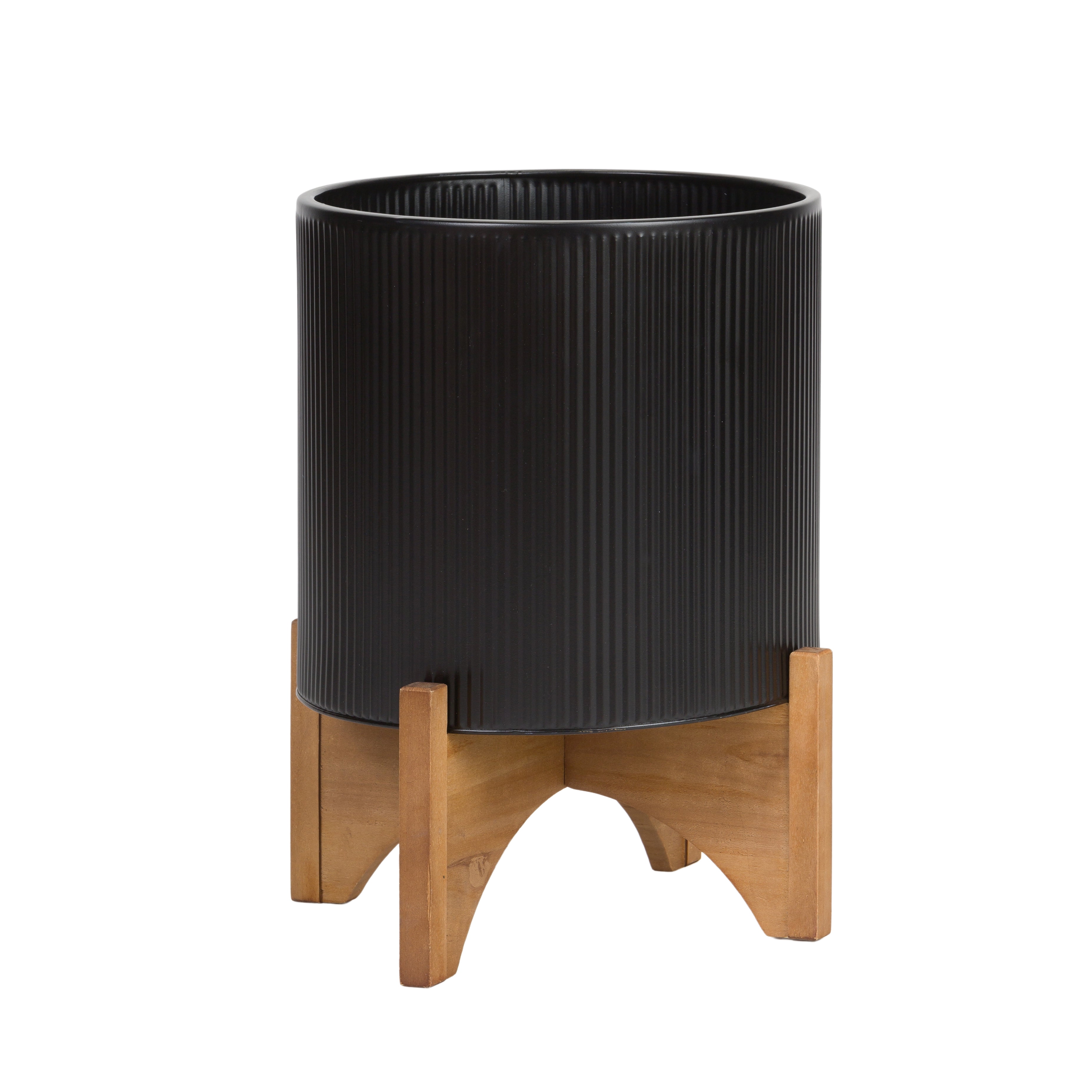 Everett Black Mid-Century Modern Indoor Metal Pot Planter with Arch Wood Base - 18" x 14"