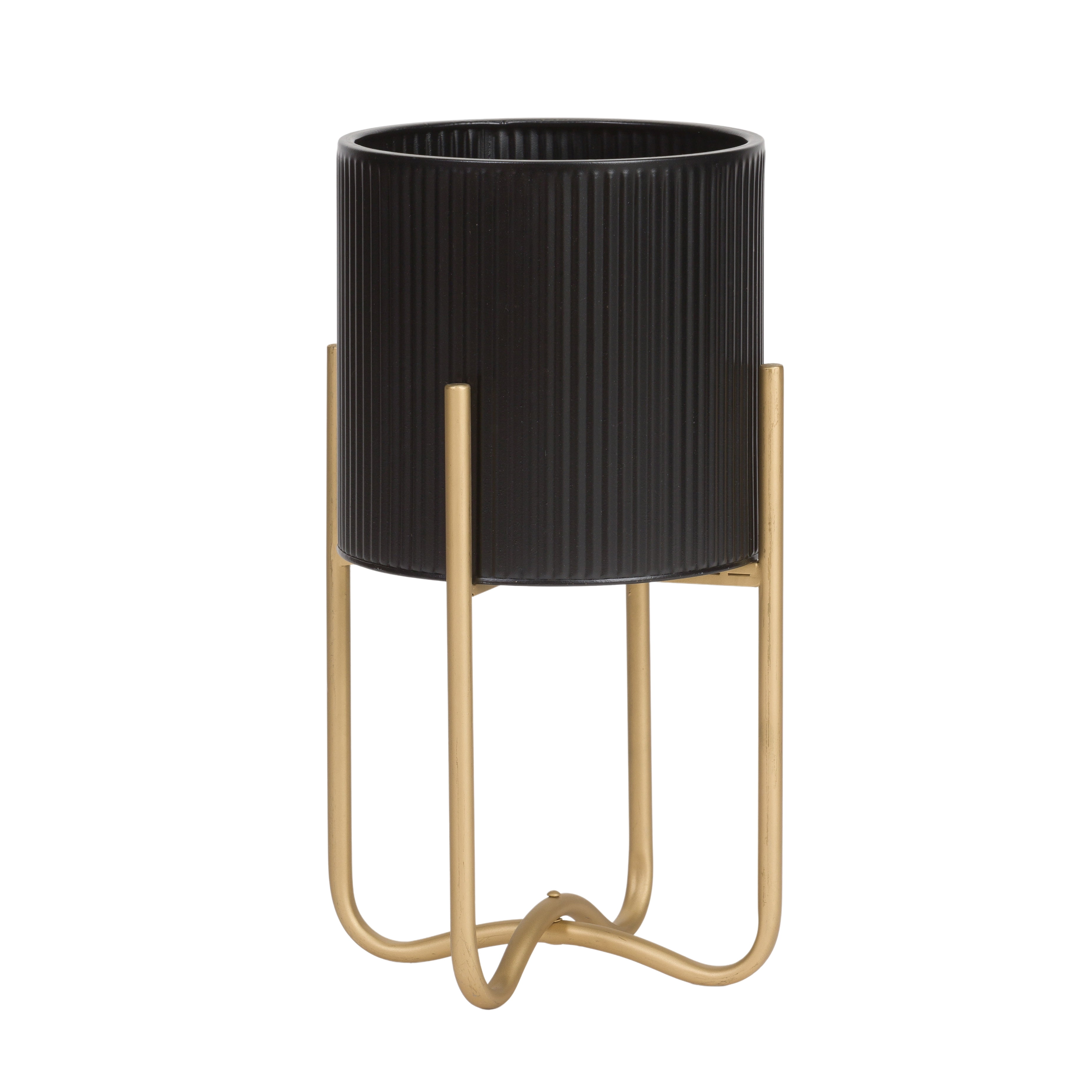 Everett Black Mid-Century Modern Indoor Metal Pot Planter with Tall Metal Base - 16.25" H x 9.25" W