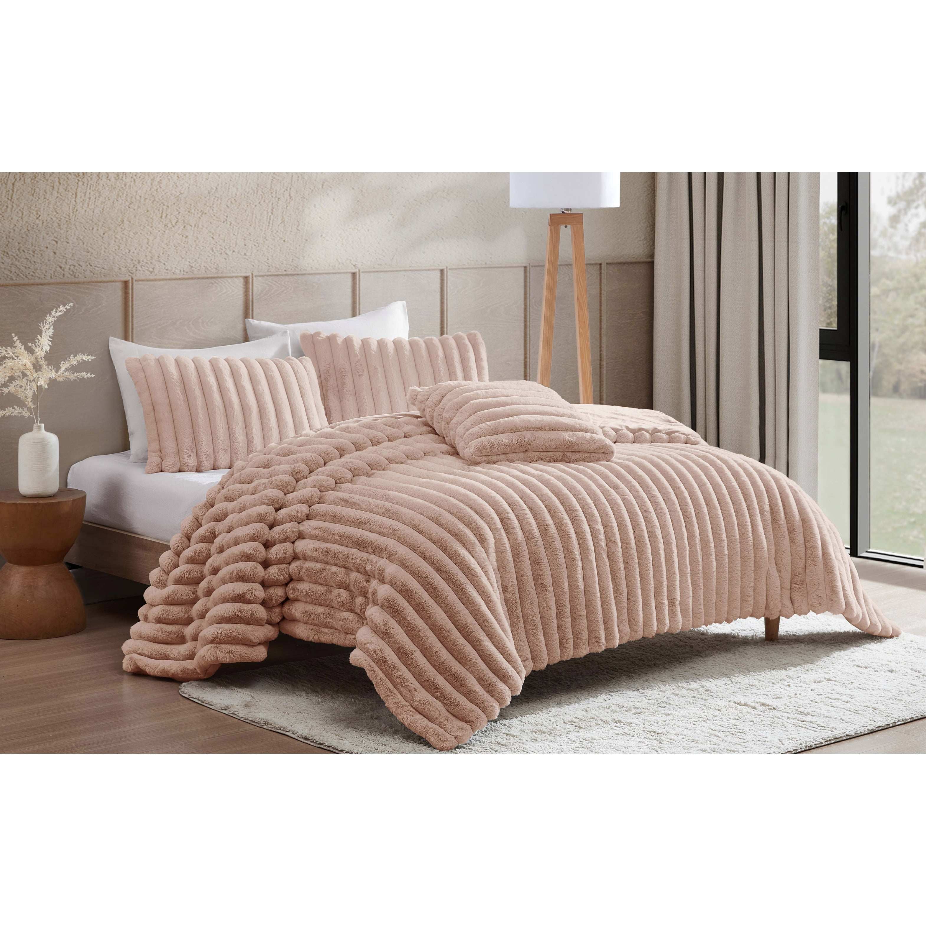 Blush Faux Fur Twin XL Comforter Set with Reversible Design