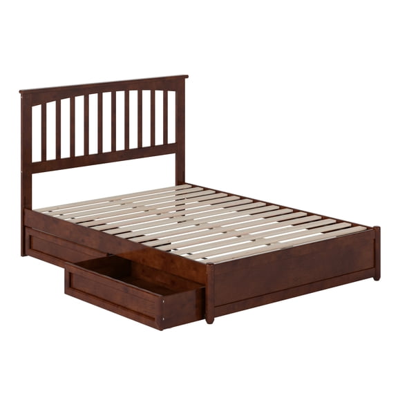 Everett Full Wood Platform Bed with Panel Footboard & Storage Drawers in Walnut