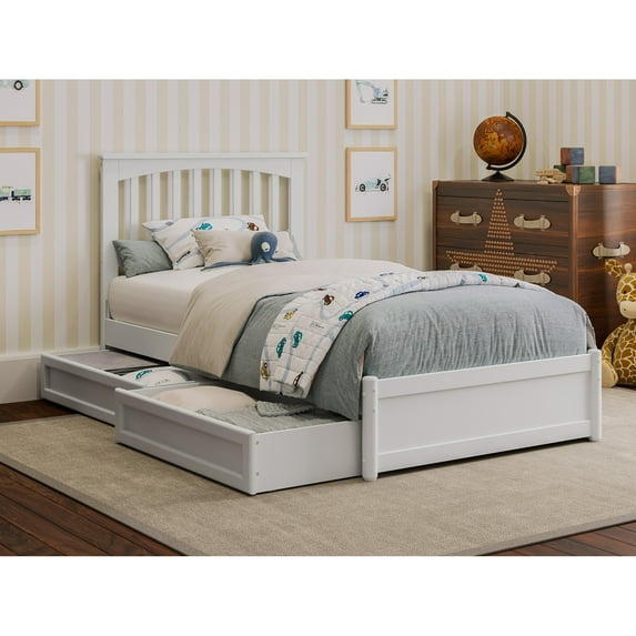 Everett Twin Wood Platform Bed with Panel Footboard and Storage Drawers in White