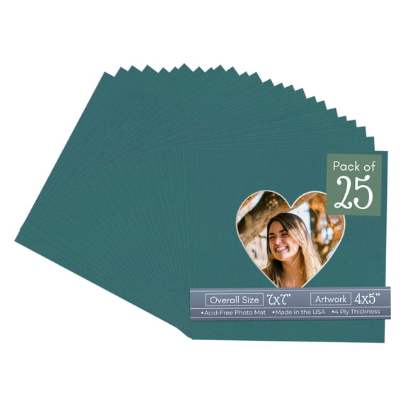 Everglade Green Picture Frame Mat for 7x7 Frames - Heart Opening for 4x5 Photos - 25 Mats