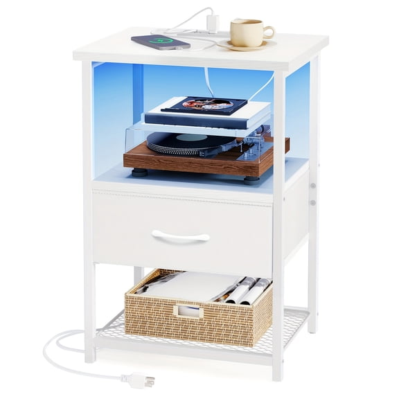 Everglow Night Stand with Charging Station & LED - Black/White/Wood Options, PU Finish - 15.7x11.8x23.6in Heavy Duty for Dorm/School