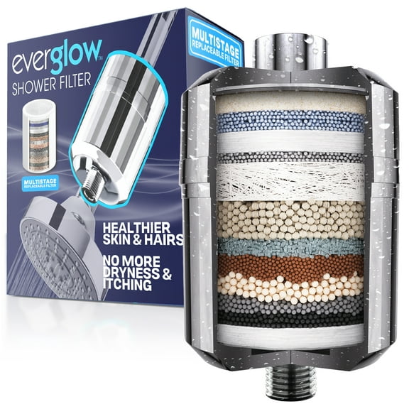 Everglow Shower Head Filter Hard Water High Output Replaceable Multistage Remove Chlorine, Metal