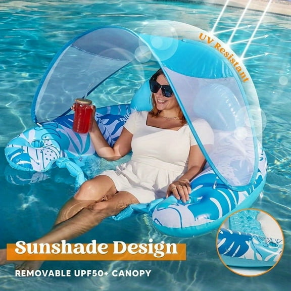 Everglow Trading Pool Floats With Canopy Adult, XL Inflatable Pool Lounge Chairs With Cup Holders, Floating Chair For Adults, Inflatable Floaties With Headrest For Party Beach Summer Water Fun