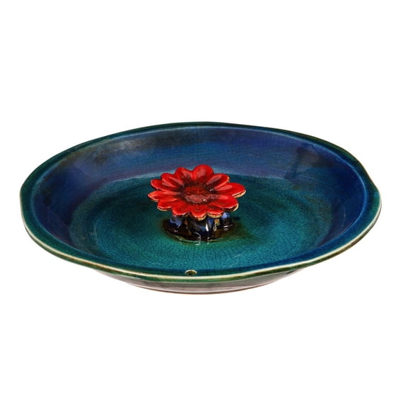 Evergreen 12" Bee Bath, Ceramic, Blue with Red Flower
