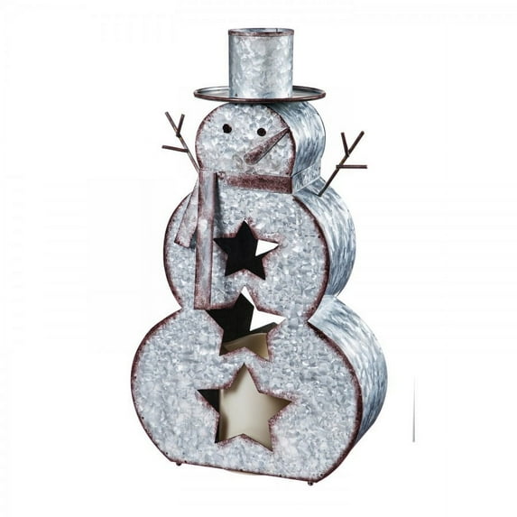 Evergreen 16.25"H Battery Operated LED Galvanized Metal Snowman Lantern