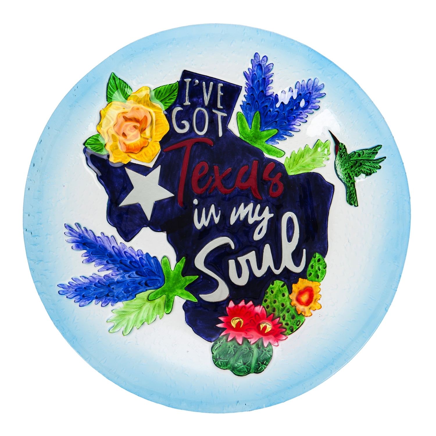 18" Hand Painted Embossed Glass Bird Bath, Texas Soul