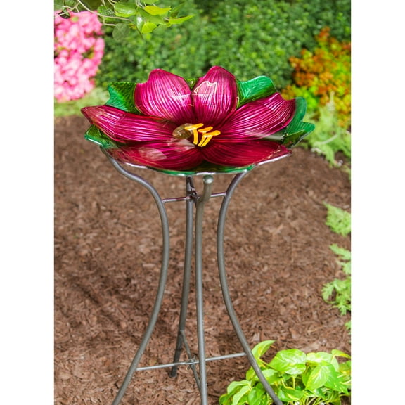 Evergreen 18" Hand Painted and Embossed Shaped Bird Bath, Pink Flower-
