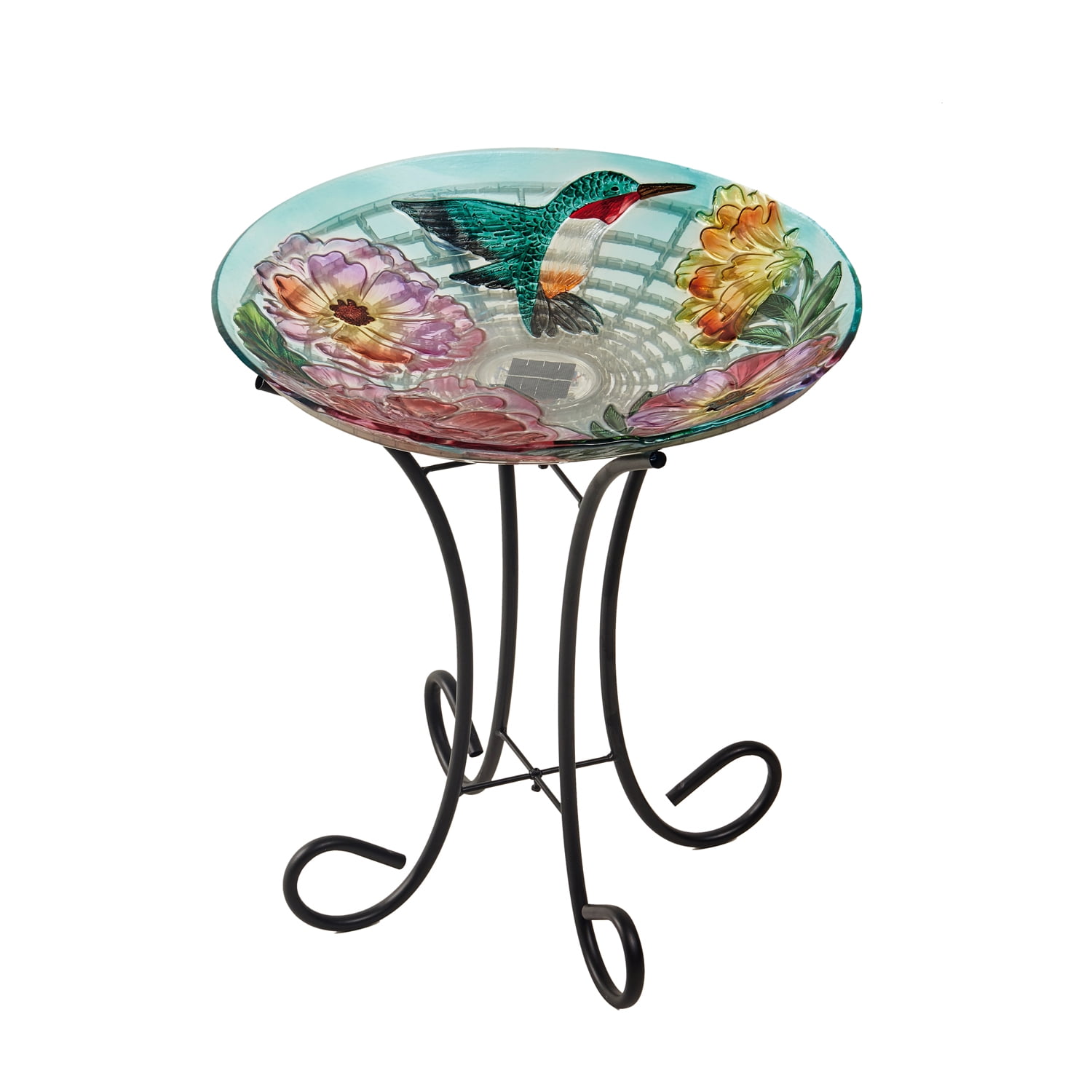 18" Solar Hand Painted Embossed Glass Bird Bath with Stand, Floral Hummingbird