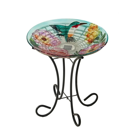 Evergreen 18" Solar Hand Painted Embossed Glass Bird Bath with Stand, Floral Hummingbird