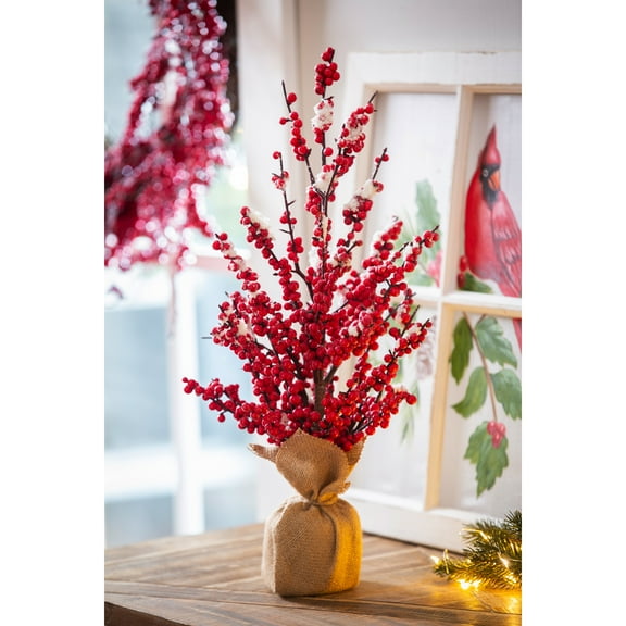Evergreen 20" Red Berry Tree with Burlap Pot Table Decor