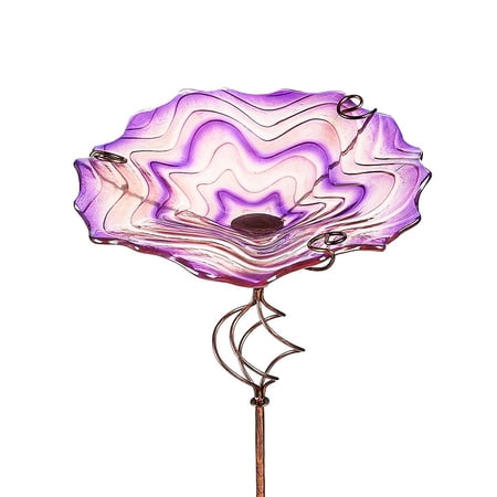 Evergreen 30"H Glass Bird Bath with Garden Stake, Purple Swirl- Fade and Weather Resistant Outdoor Decor for Homes, Yards and Gardens