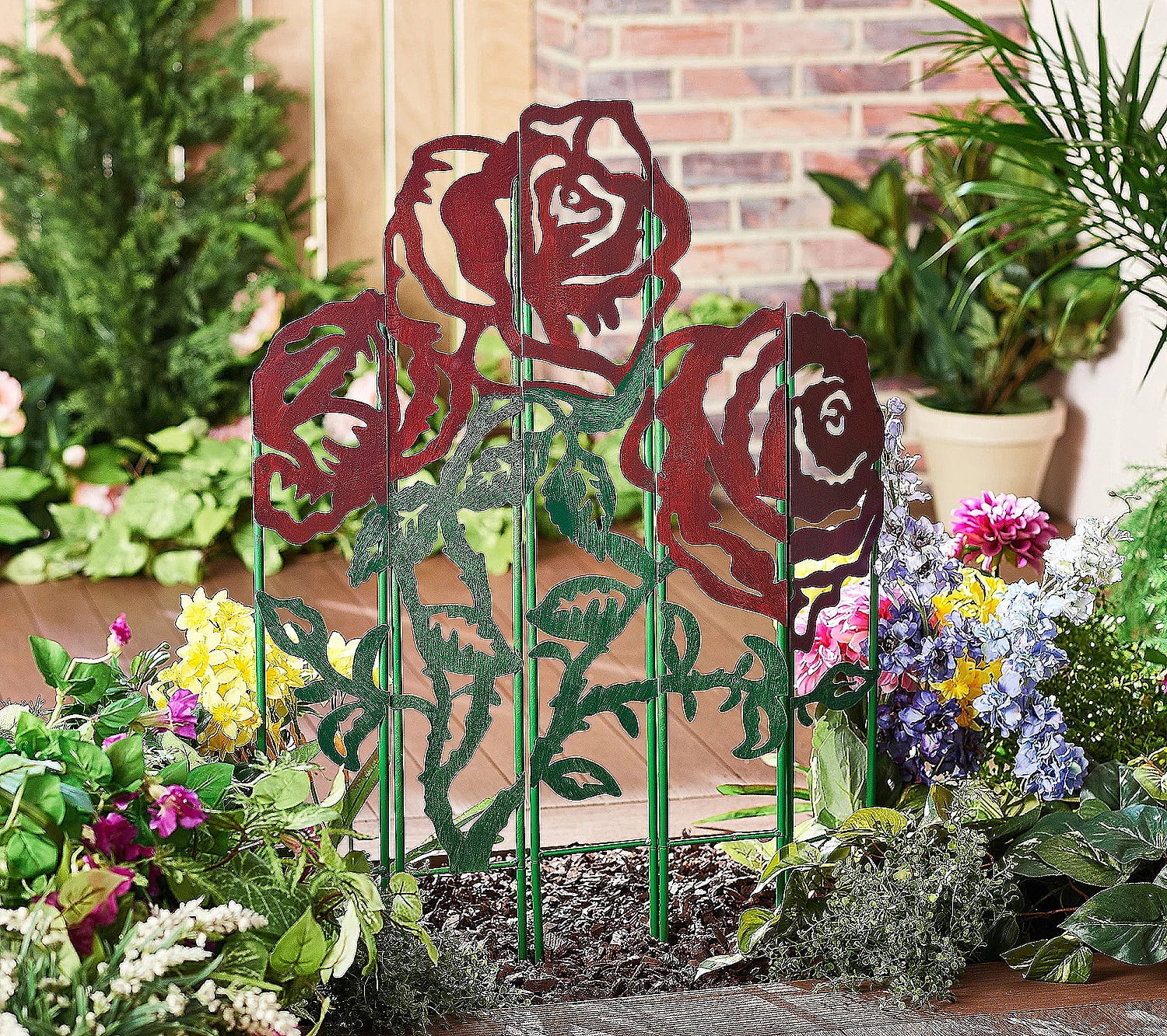 34 in. Red and Green Metal Rose Garden Stake