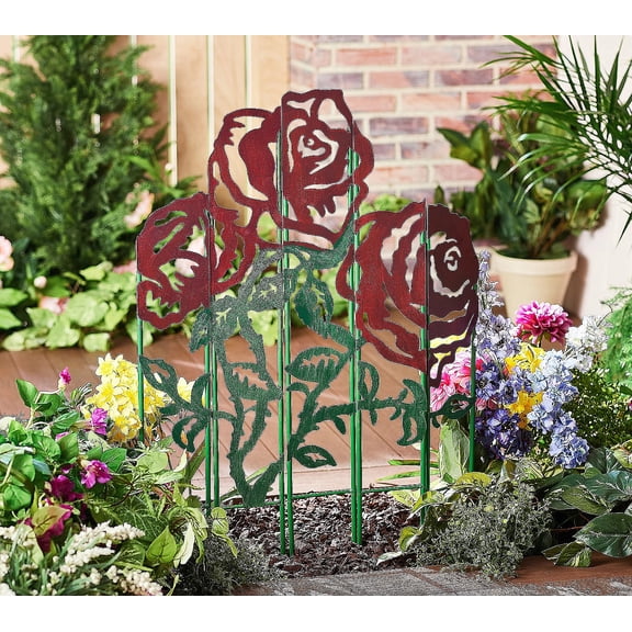 Evergreen 34 in. x 25 in. Metal 5 Panel Garden Stake, Rose