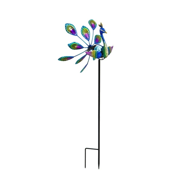 Evergreen 37"H Solar Peacock Staked Wind Spinner, 13.2'' x 9.7'' x 37'' inches.