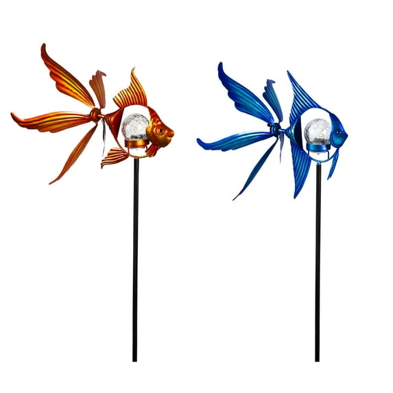 Evergreen 38"H Solar Fish Staked Wind Spinner, 2 Asst., 13'' x 12'' x 38'' inches.