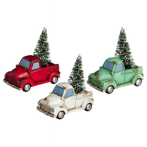 Evergreen 5"H Holiday Truck with Tree Light Up Ceramic Statuary, 3 asst, 5.3'' x 4.5'' x 2.9'' inches.