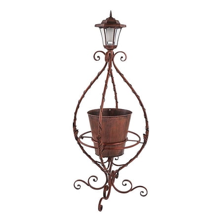Evergreen Antiqued Wrought Iron Plant Stand with Solar Light