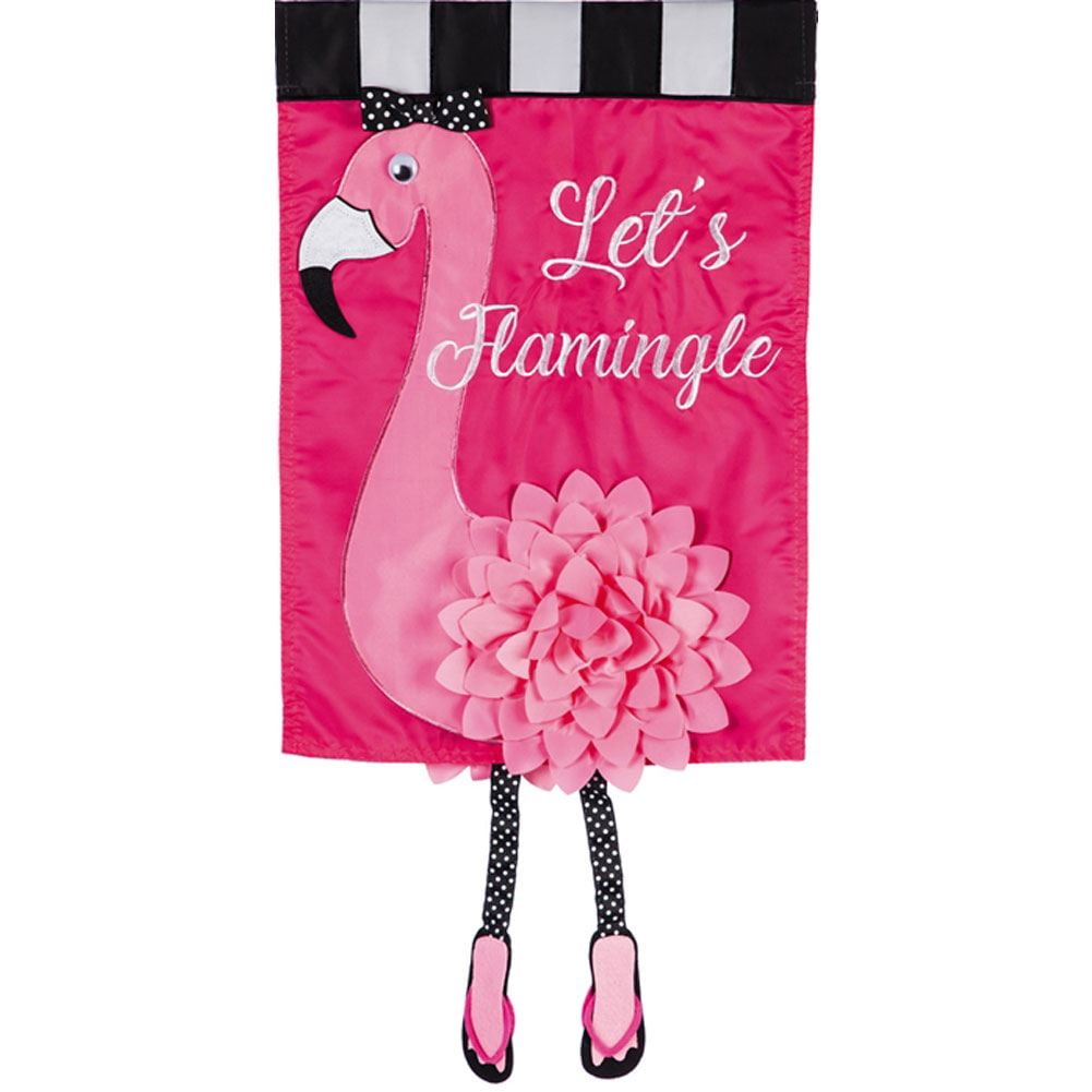 Pink Flamingo Applique Garden Flag with 3D Flower