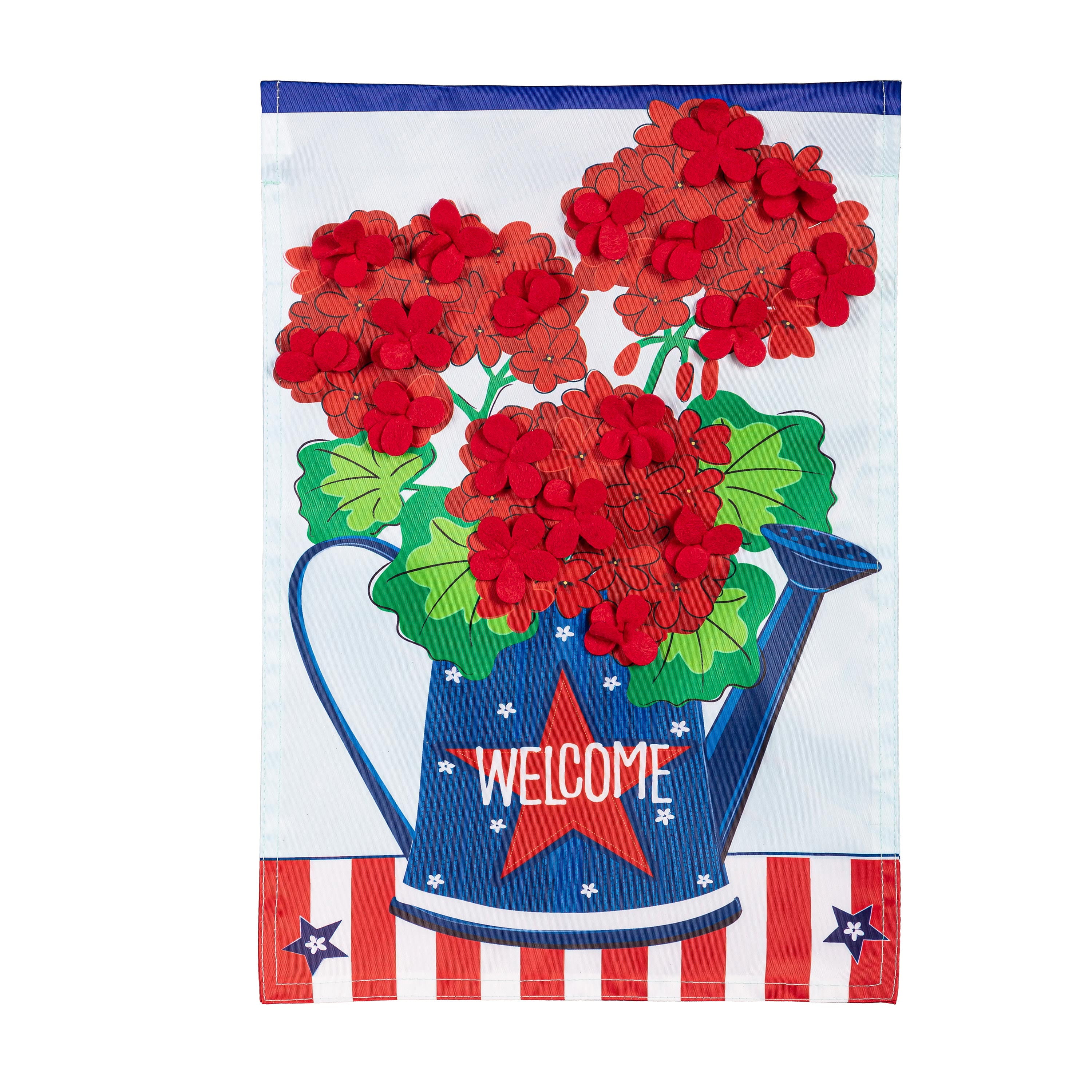 Evergreen Applique Garden Flag - Patriotic Geraniums, 12.5 x 18 inch Double Sided