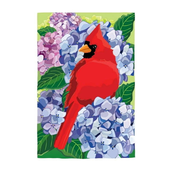 Evergreen Applique Garden Flag - Red Cardinal and Hydrangeas, 12.5 x 18 inch Double Sided