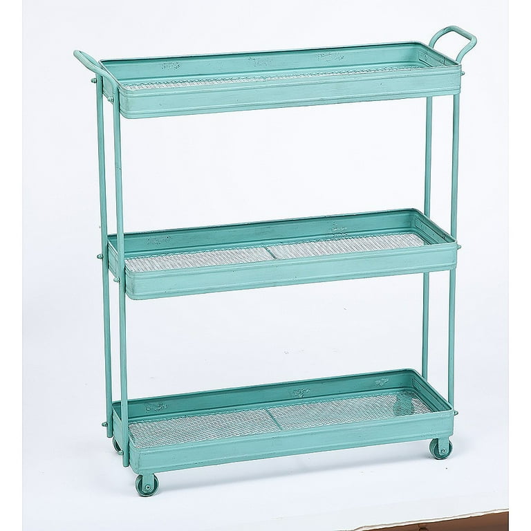 Evergreen Blue Distressed Three Tier Metal Cart with Casters