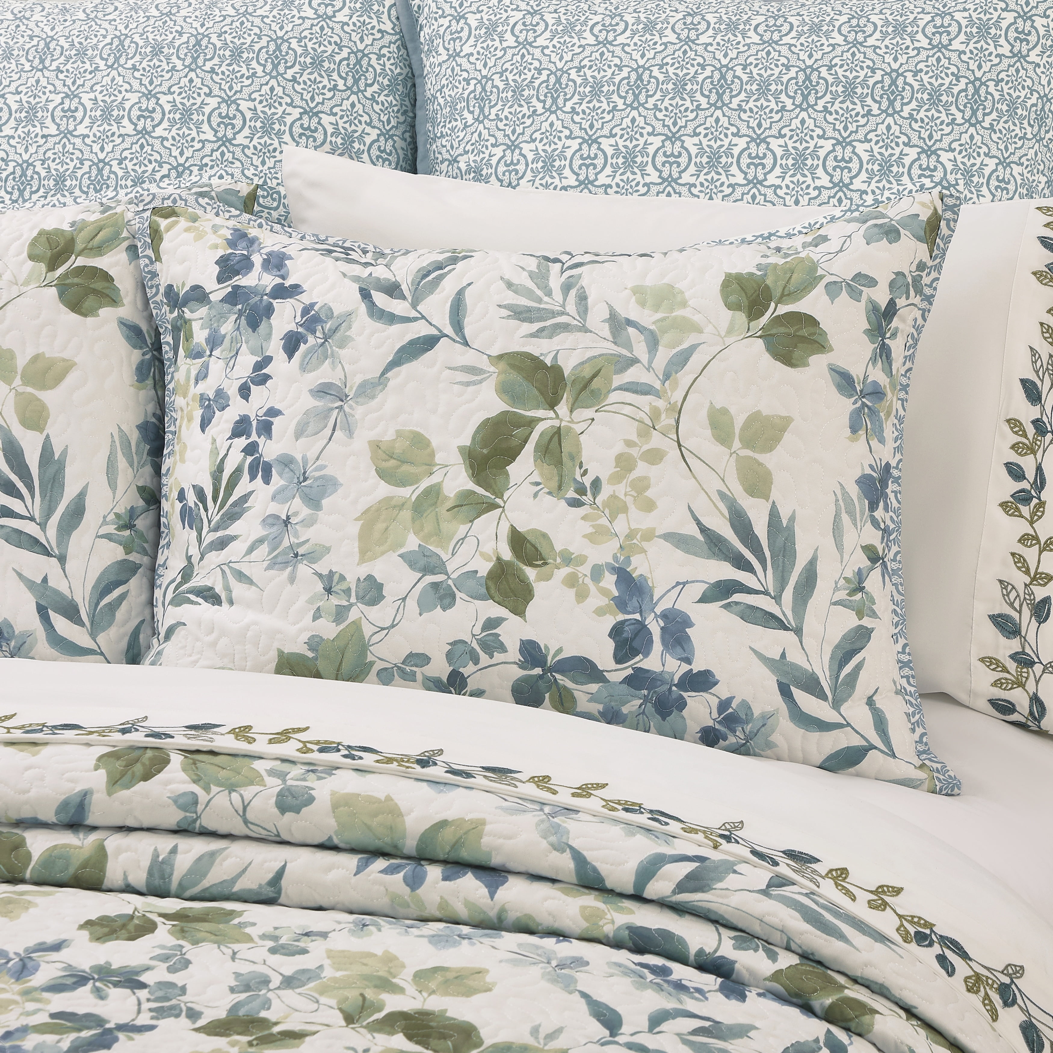 Blue Botanical Leaf Reversible Microfiber King Quilt Set