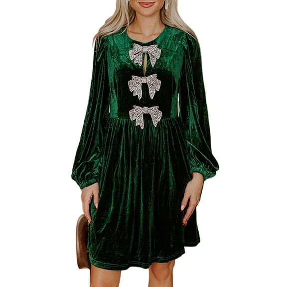 Evergreen Bowknot Decor High Waist Velvet Mini Dress for Women - Elegant A-Line Style - [ZhiHiMeRi] | L