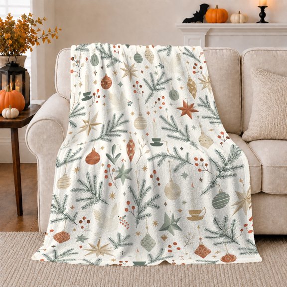 Evergreen Branches With Ornaments And Layered Stars, Soft Flannel Blanket with Rustic Botanical Illustration Print, Housewarming Gift and Home Decor for Bedroom and Living Room