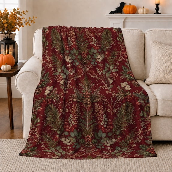 Evergreen Branches with Pinecones and Winter Berries, Elegant Botanical Holiday Style for Botanical Art Lovers, Warm Flannel Blanket for Guest Room and Cabin, Christmas Gift, Home Decor