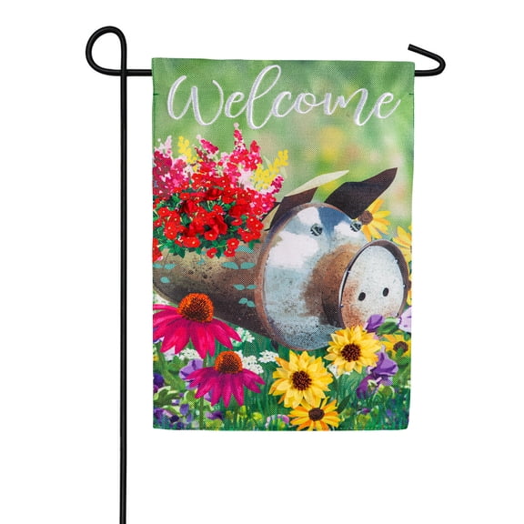 Evergreen Burlap Garden Flag - Piggy Planter, 12.5 x 18 inch Double Sided