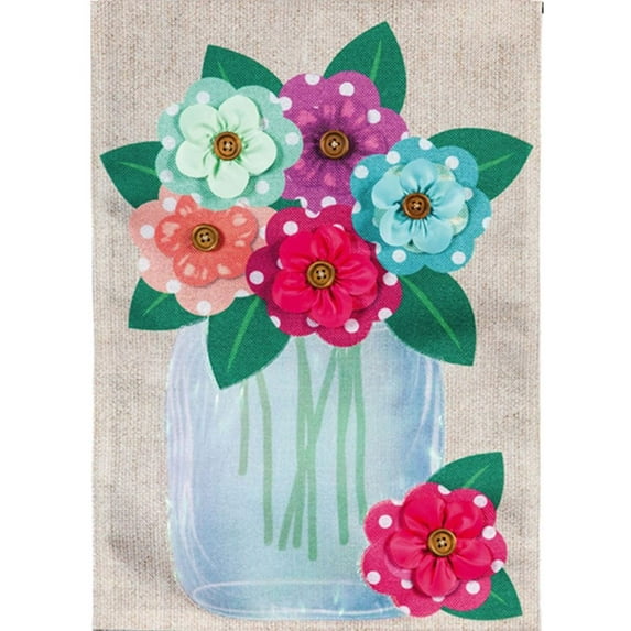 Evergreen Burlap Garden Flag - Polka Dot Floral Mason Jar, High Quality, Durable Burlap, Decorative Seasonal Flag, Size - 12.5" x 18"