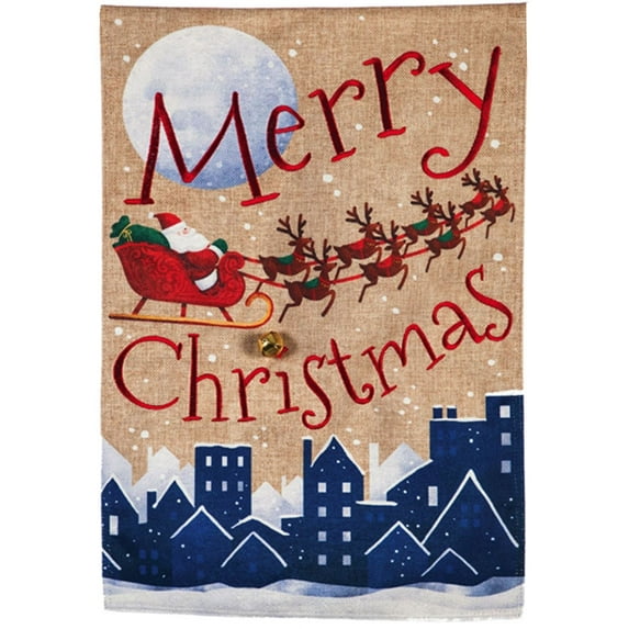 Evergreen Burlap House Flag - Santa's Sleigh Merry Christmas